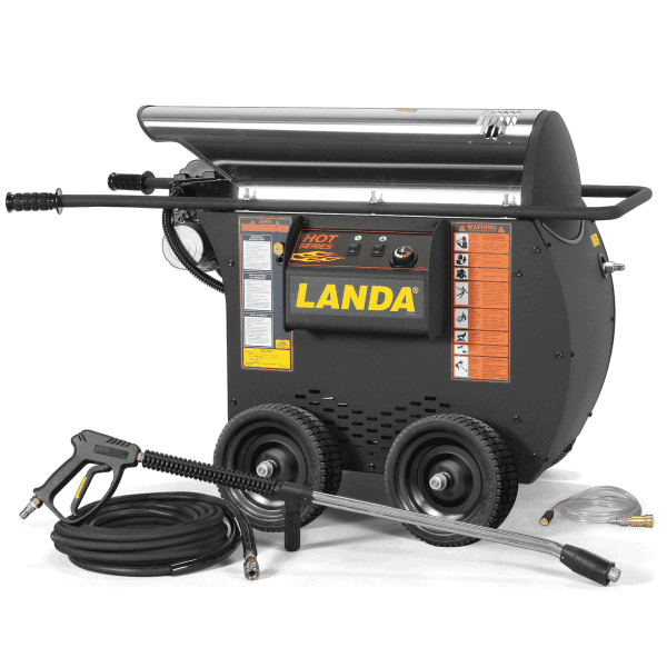 a portable pressure washer with wheels and burner on top, laid horizontally