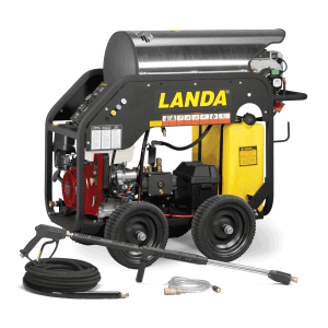 a hot water gas pressure washer with burner horizontally placed on top