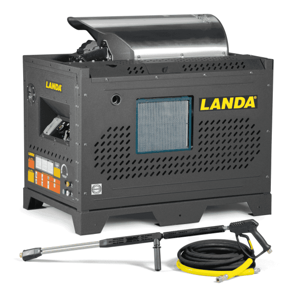 a stationary hot water pressure washer with horizontal burner