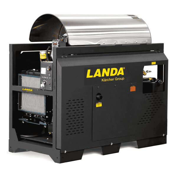 a stationary hot water pressure washer with horizontal burner