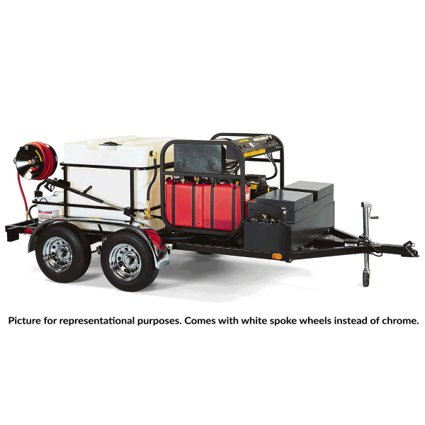 side view of Landa TR 6000 trailer mounted pressure washer unit on tandem axles