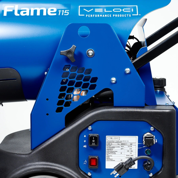 close up side view veloci flame 115 mobile radiant heater